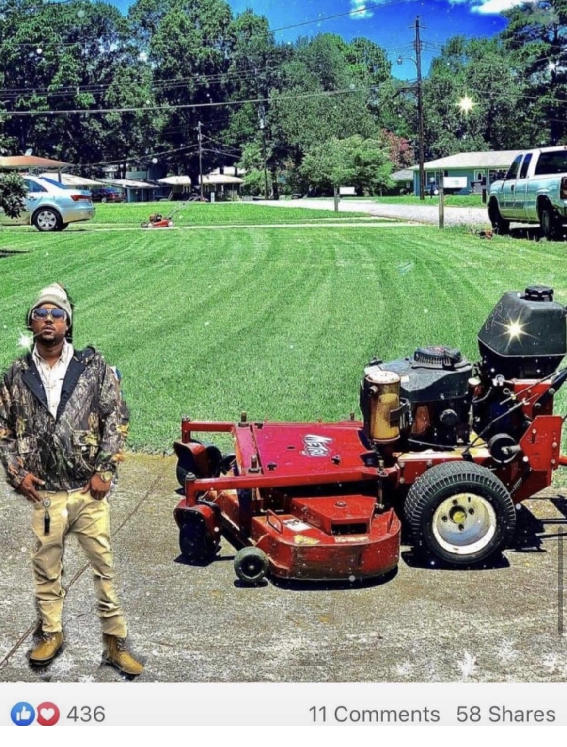 Fresh-striped lawn next to Wright stand-on mower